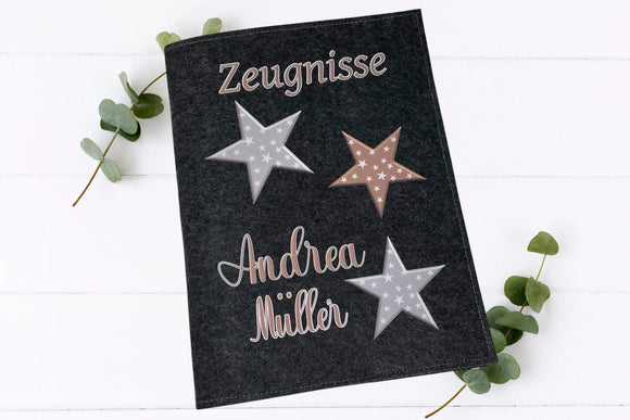 Zeugnismappe für Kinder mit braunen und grauen Sternen – personalisiert mit dem Namen 