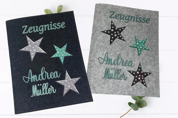 Filz-Zeugnismappen mit modernen Sternenmotiven in Mintgrün und neutralen Tönen – ideal für Schule oder Kita