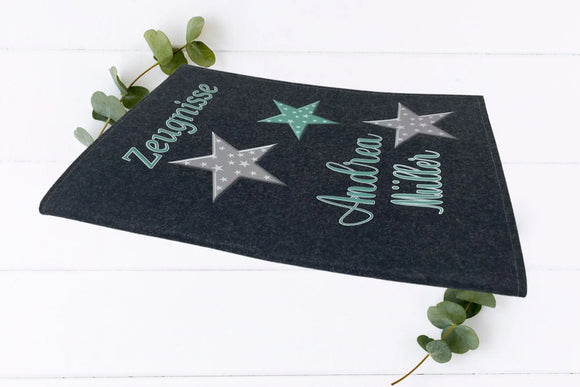 Kinder-Zeugnismappen mit mintfarbenen, grauen und schwarzen Sternen – modernes Design in Hell- und Dunkelgrau