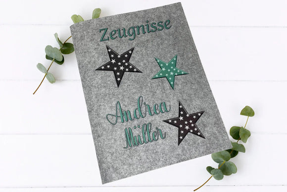 Handgemachte Schulmappen aus Filz mit drei kontrastreichen Sternen – ideal als Geschenk zur Einschulung