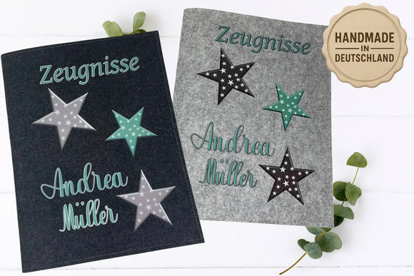 Hochwertige Zeugnismappen aus Filz mit Sternen in Mint und Schwarz – moderne Gestaltung für Mädchen und Jungen