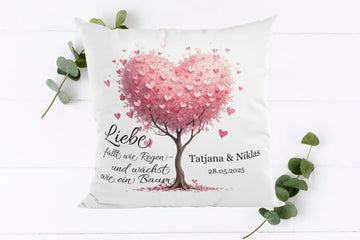Hochzeitskissen personalisiert mit rosa Herzbaum und Namen Tatjana & Niklas als Geschenk zur Hochzeit