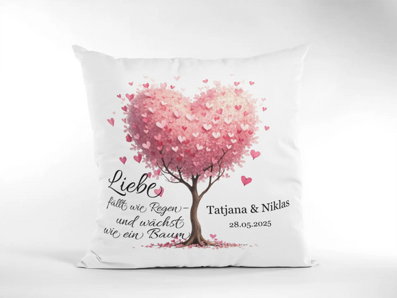 Individuell gestaltetes Kissen mit Hochzeitsmotiv in Rosa – Namen und Hochzeitsdatum druckbar