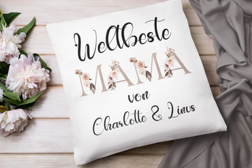 Weltbeste Mama – personalisiertes Kissen mit floralen MAMA-Buchstaben