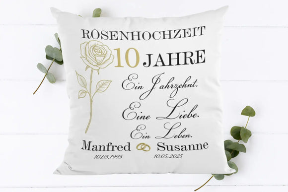 Kissen 10 Jahre Ehe – Rosenhochzeit Kissen mit goldener Rose und Hochzeitsspruch für Manfred & Susanne