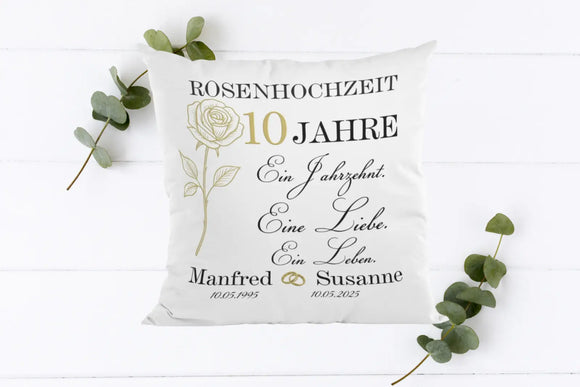 Romantisches Jubiläumskissen zur Rosenhochzeit – Geschenk für Ehepaare mit Namen und Datum