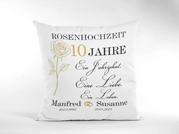 Rosenhochzeit 10 Jahre – Kissen mit personalisierter Widmung und Hochzeitsdatum in Gold-Optik