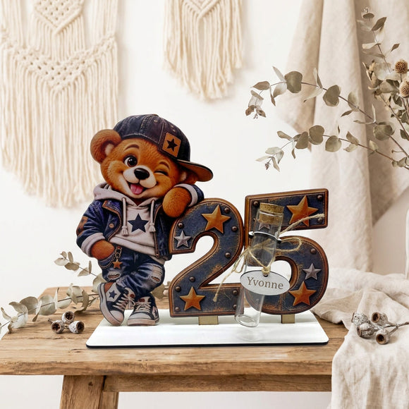 Geldgeschenk 25. Geburtstag Mann mit Teddy und personalisiertem Namen