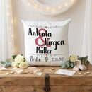 Hochzeitskissen mit persönlichem Aufdruck, zwei Vornamen und gemeinsamem Nachnamen als Geschenk für frisch Vermählte