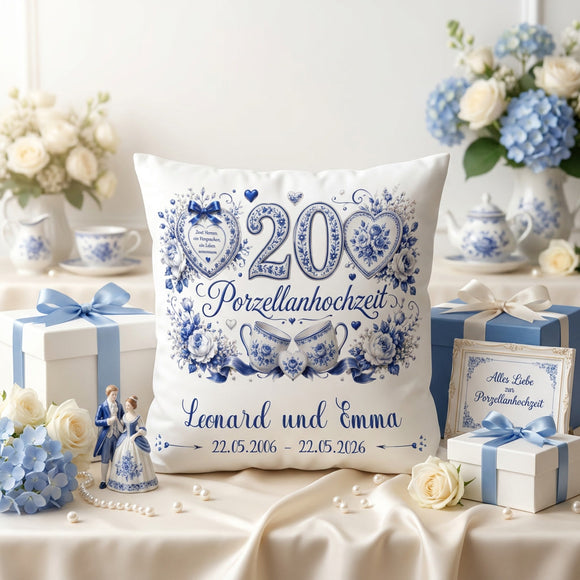 Personalisiertes Jubiläumskissen für 20 Jahre Ehe im eleganten Porzellanstil
