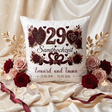 Geschenk Samthochzeit – personalisiertes Kissen mit Namen und Datum zum 29. Hochzeitstag