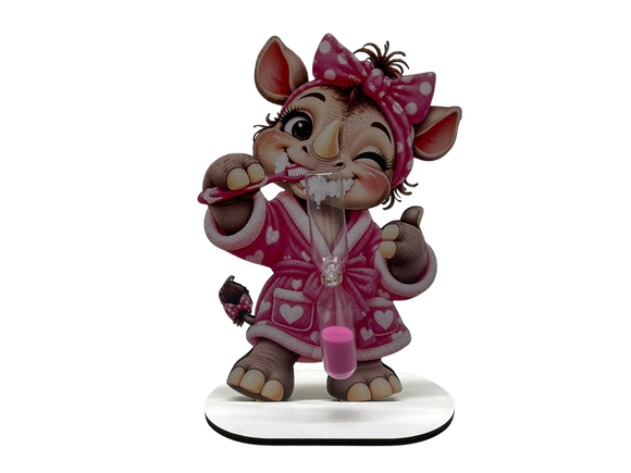 Zahnputzuhr Nashorn mit großer rosa Schleife und passender Zahnbürste