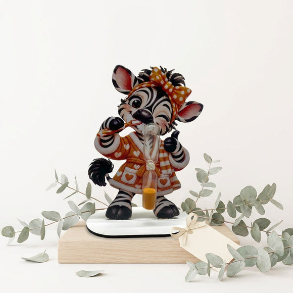 Zahnputzuhr Zebra Orange mit großer gepunkteter Schleife und Zahnbürste