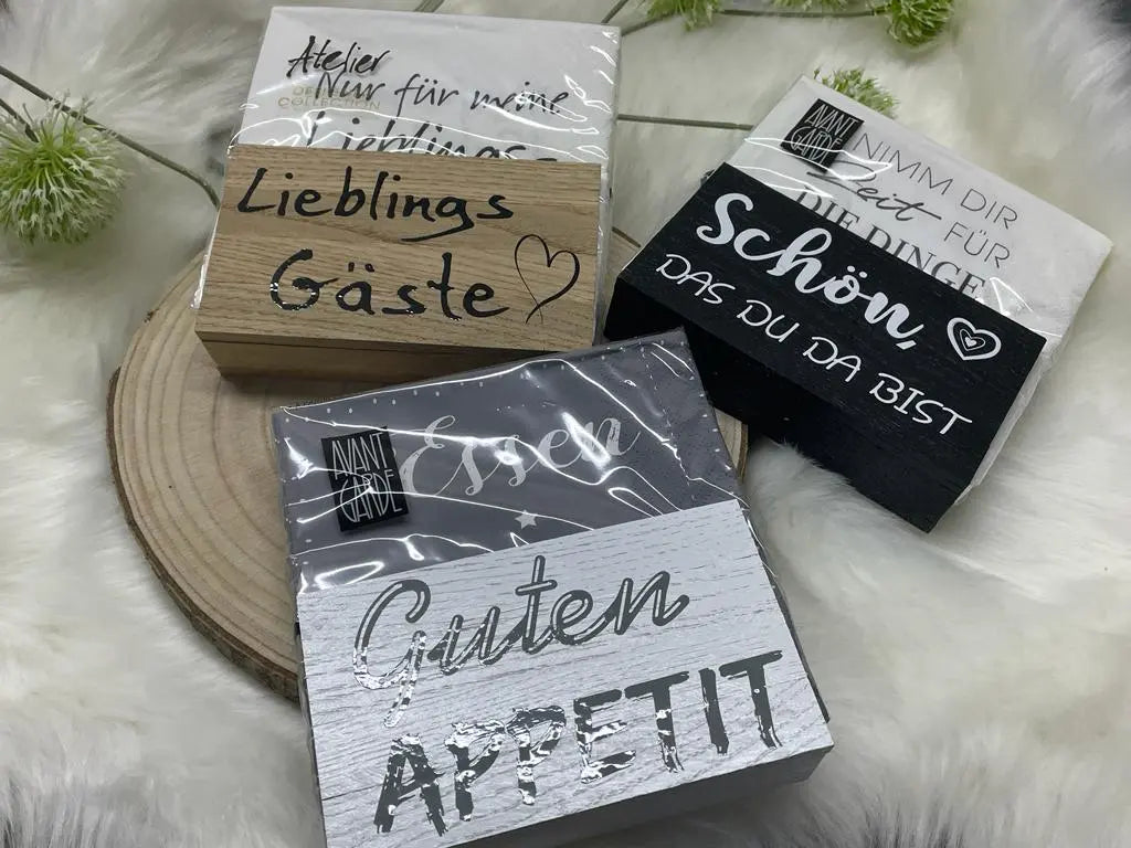 Serviettenhalter mit spruch Holz |Servietten ständer aufbewahrung servietten | Mitbringsel zur Einladung | Geschenkidee gartenparty essen geschenk |Einladung essen Geschenke Fadensalat-shop