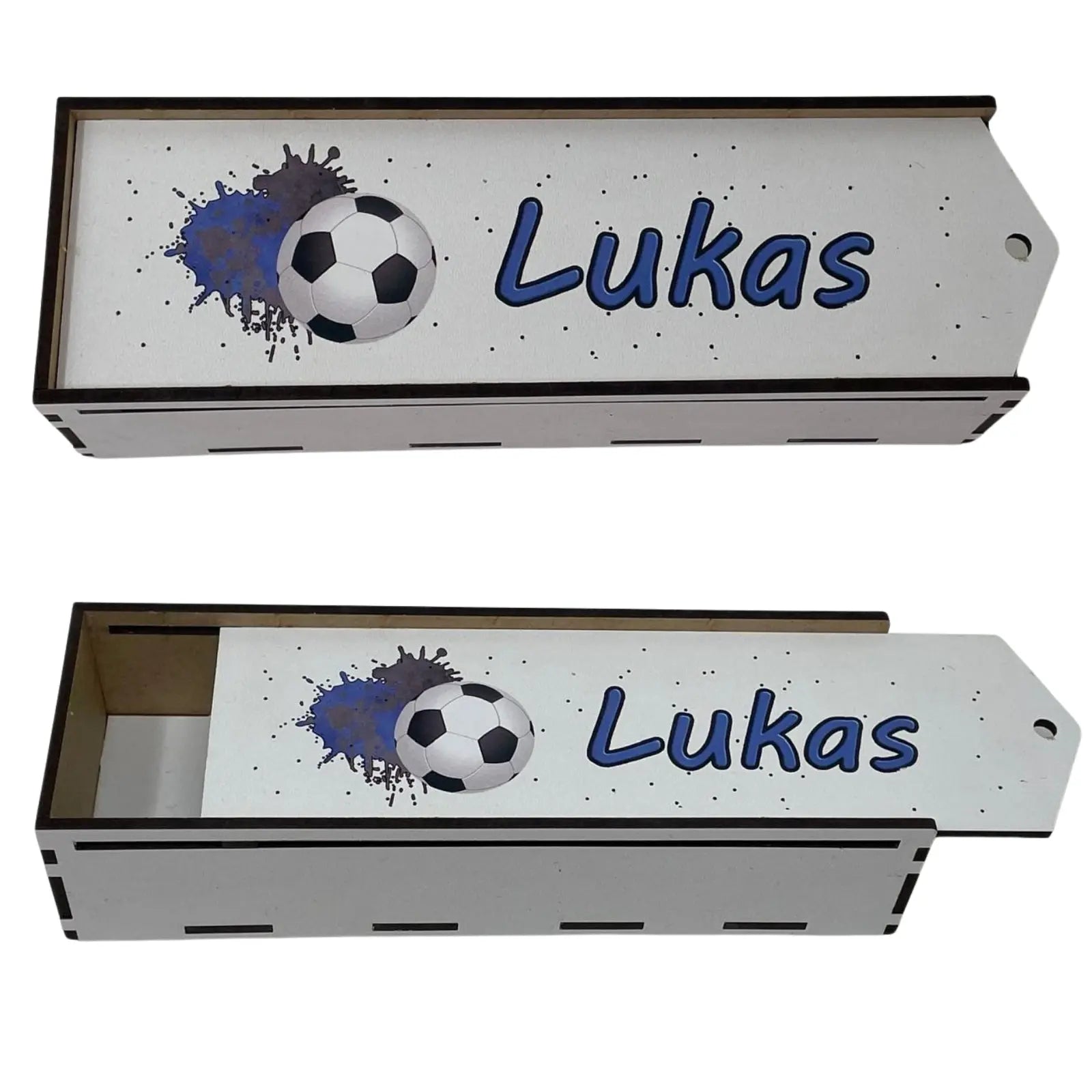 Dekorative Holzbox für Stifte mit sportlichem Fußballmotiv und personalisierbarem Etikett