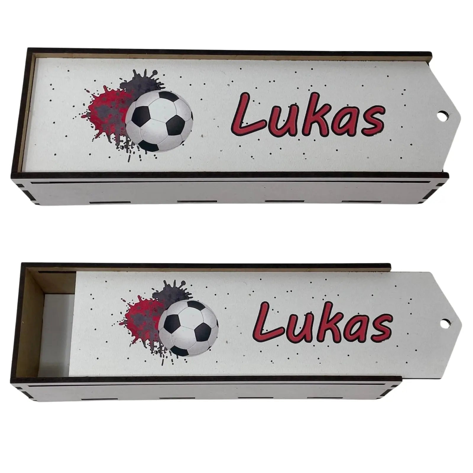 Stiftebox aus Holz Personalisiert | Geschenk Einschulung | Federmäppchen Holzbox stifte etui | Stiftehalter Schulanfang | Mädchen und Junge | Fussball Rot Fadensalat-shop