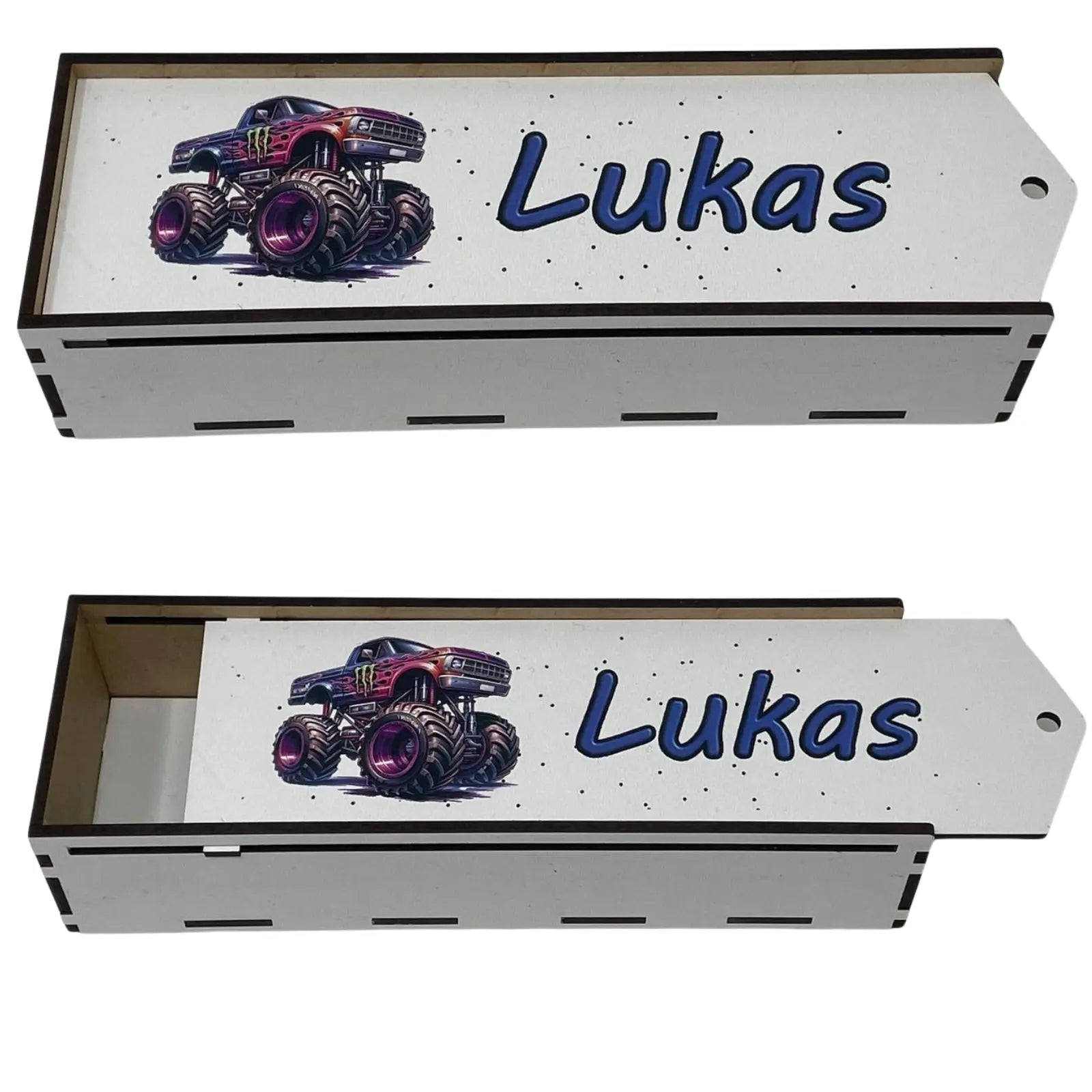 Stiftebox aus Holz Personalisiert | Geschenk Einschulung | Federmäppchen Holzbox stifte etui | Stiftehalter Schulanfang | Mädchen und Junge | Monstertruck Fadensalat-shop
