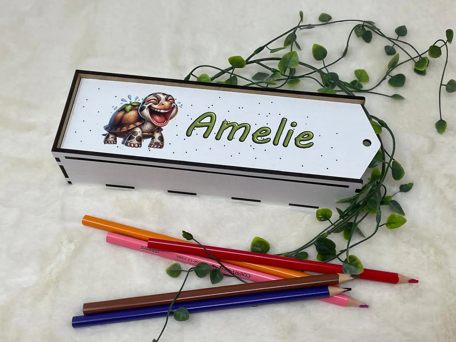 Dekorative Stiftebox mit Schildkröte im Comic-Stil und grüner Schrift