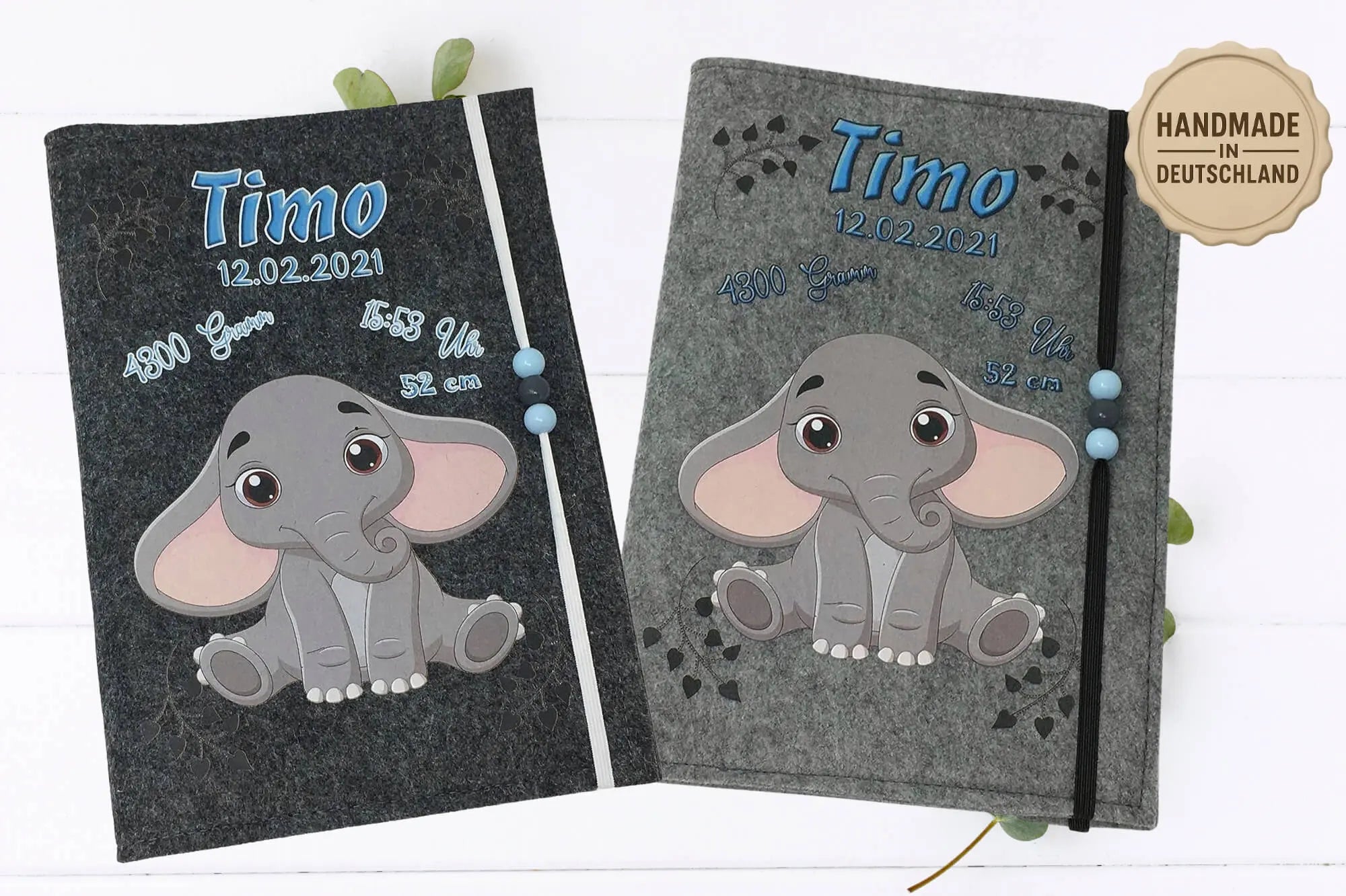 Modernes Tiermotiv mit süßem Elefant und liebevollen Details – perfekte Geschenkidee für Neugeborene.