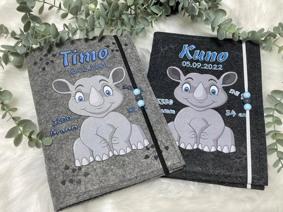 U Heft Hülle Filz Personalisiert | Impfpass Nashorn | untersuchungsheft hülle Geschenk Geburt | Junge Mädchen taufe Fadensalat-shop