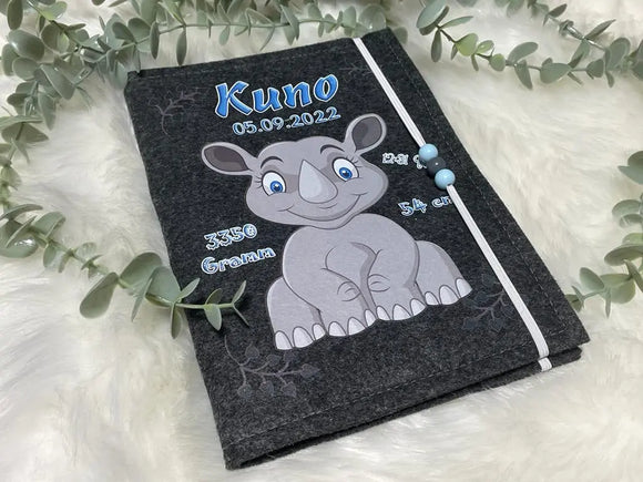 U Heft Hülle Filz Personalisiert | Impfpass Nashorn | untersuchungsheft hülle Geschenk Geburt | Junge Mädchen taufe Fadensalat-shop