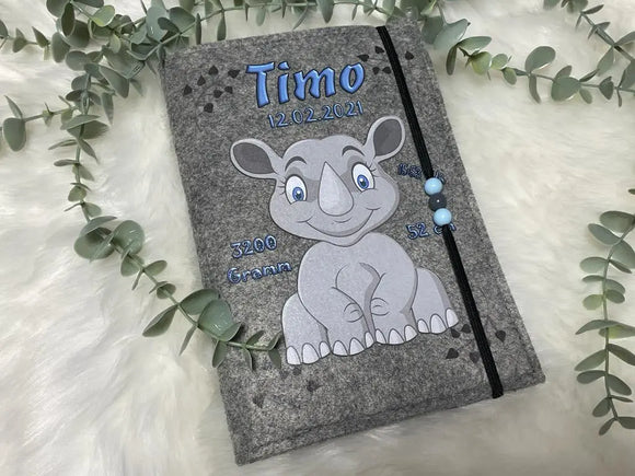 U Heft Hülle Filz Personalisiert | Impfpass Nashorn | untersuchungsheft hülle Geschenk Geburt | Junge Mädchen taufe Fadensalat-shop