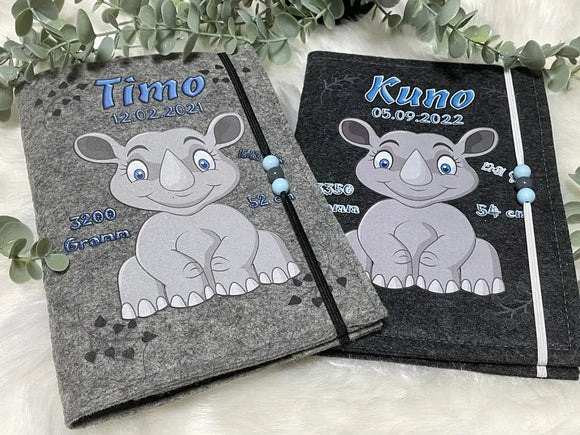 U Heft Hülle Filz Personalisiert | Impfpass Nashorn | untersuchungsheft hülle Geschenk Geburt | Junge Mädchen taufe Fadensalat-shop