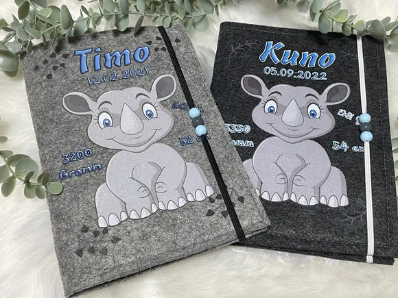 U Heft Hülle Filz Personalisiert | Impfpass Nashorn | untersuchungsheft hülle Geschenk Geburt | Junge Mädchen taufe Fadensalat-shop