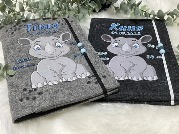 U Heft Hülle Filz Personalisiert | Impfpass Nashorn | untersuchungsheft hülle Geschenk Geburt | Junge Mädchen taufe Fadensalat-shop