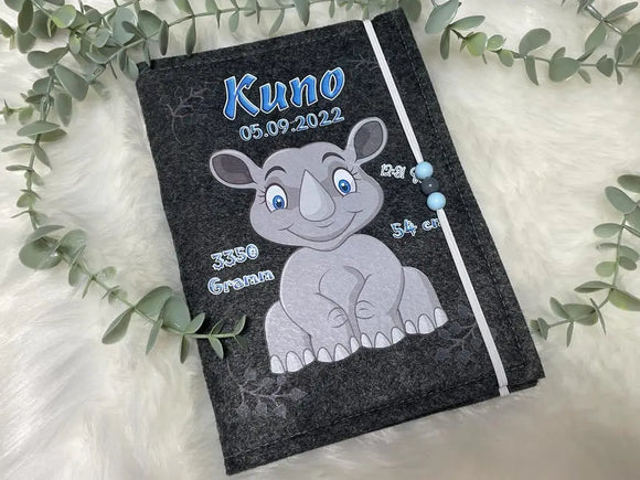 U Heft Hülle Filz Personalisiert | Impfpass Nashorn | untersuchungsheft hülle Geschenk Geburt | Junge Mädchen taufe Fadensalat-shop