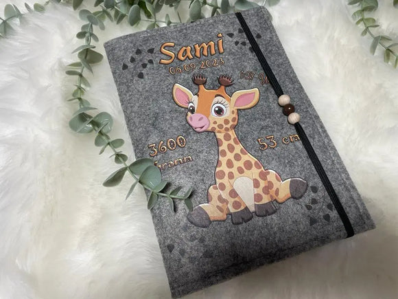 U Heft Hülle Filz mit Namen Datum Impfpass Giraffe untersuchungsheft hülle personalisiert Geschenk Geburt Fadensalat-shop