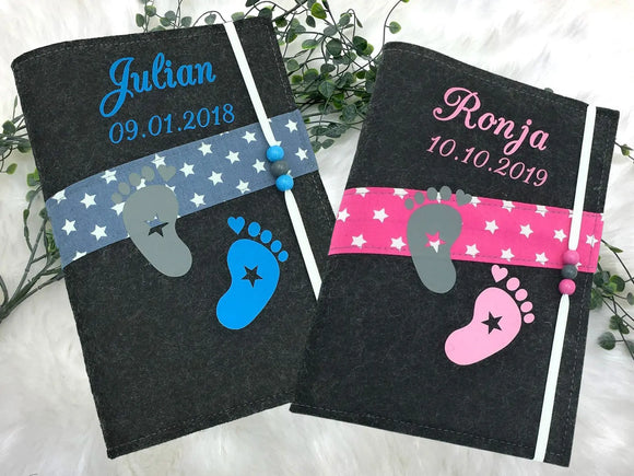 U Heft Hülle Filz mit Namen personalisiert | Impfpass Füße verschiedene Farben | Untersuchungsheft Hülle filz Geschenk Geburt | Junge Mädchen taufe Fadensalat-shop