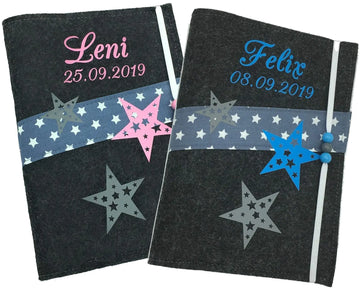 U Heft Hülle Filz mit Namen personalisiert | Impfpass Sterne verschiedene Farben | Untersuchungsheft Hülle filz Geschenk Geburt | Junge Mädchen taufe Fadensalat-shop