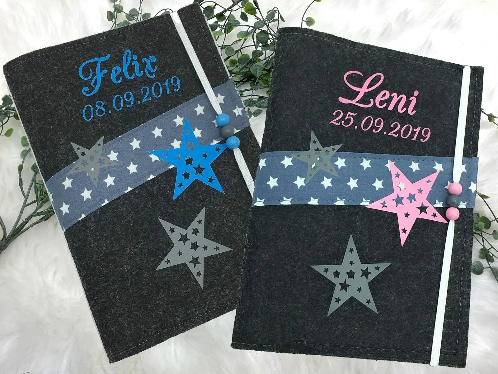 U Heft Hülle Filz mit Namen personalisiert | Impfpass Sterne verschiedene Farben | Untersuchungsheft Hülle filz Geschenk Geburt | Junge Mädchen taufe Fadensalat-shop