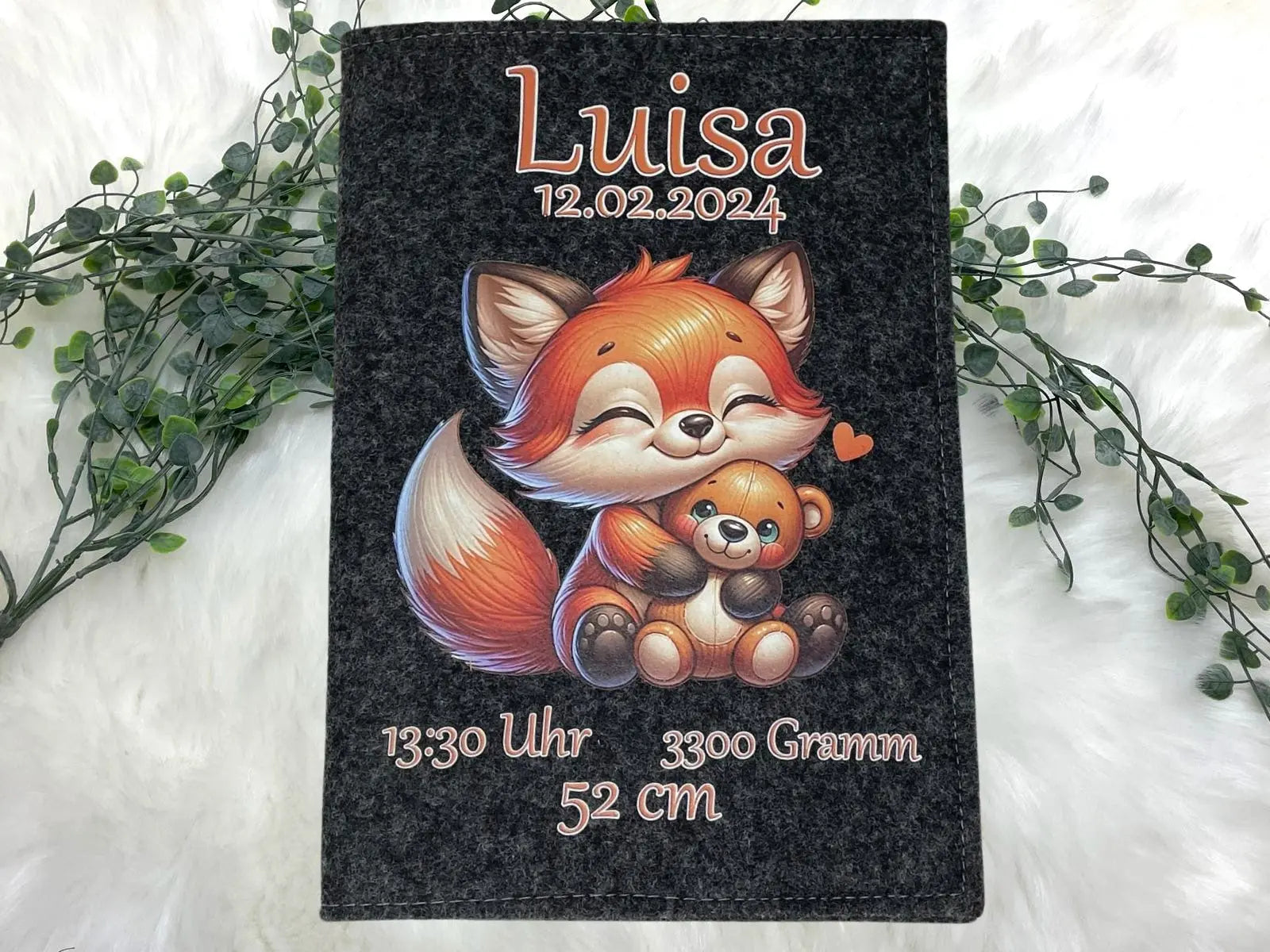 U-Heft-Hülle Fuchs & Teddy aus Filz – personalisiert mit Name & Geburtsdatum Fadensalat-shop