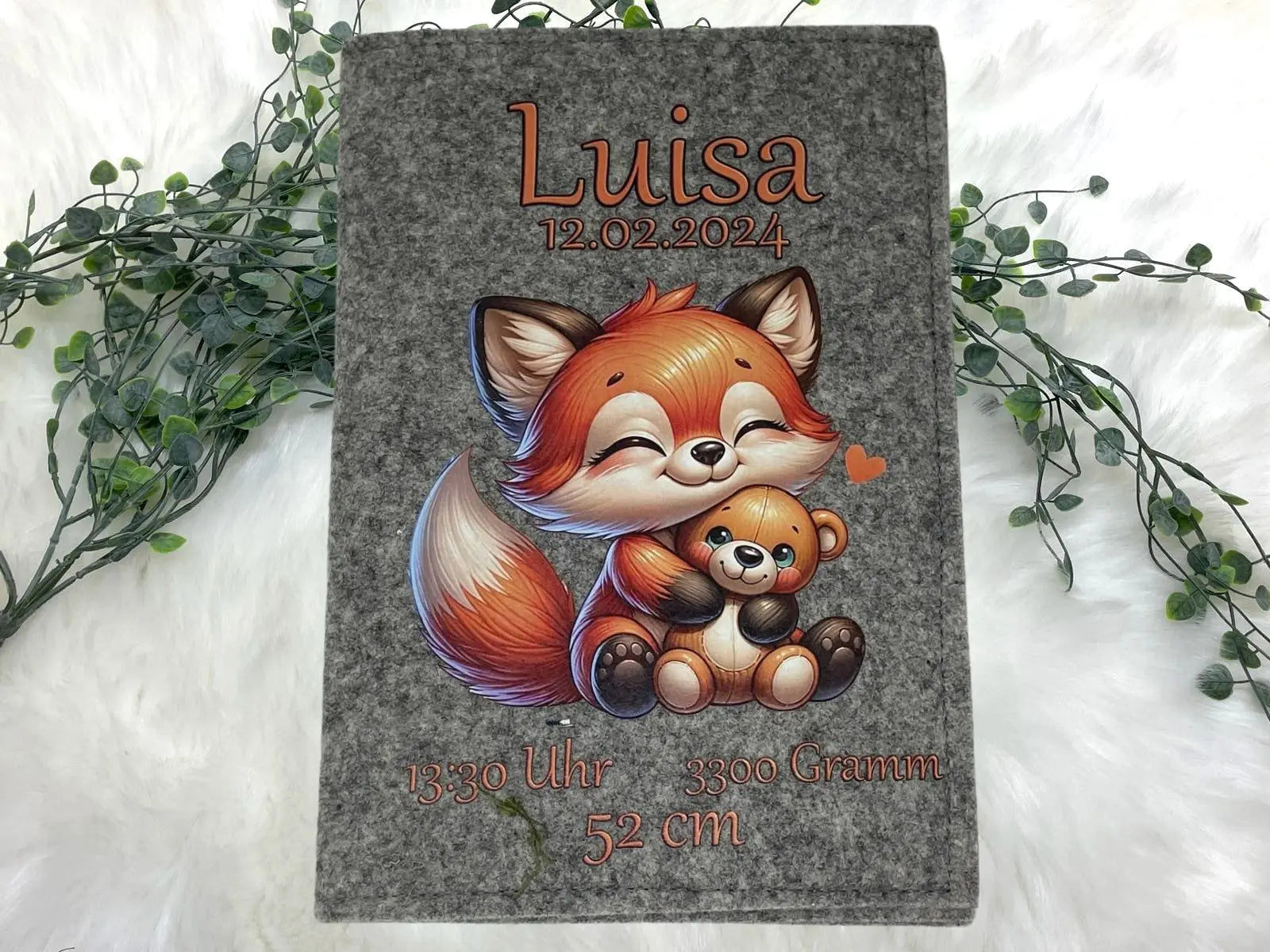 U-Heft-Hülle Fuchs & Teddy aus Filz – personalisiert mit Name & Geburtsdatum Fadensalat-shop