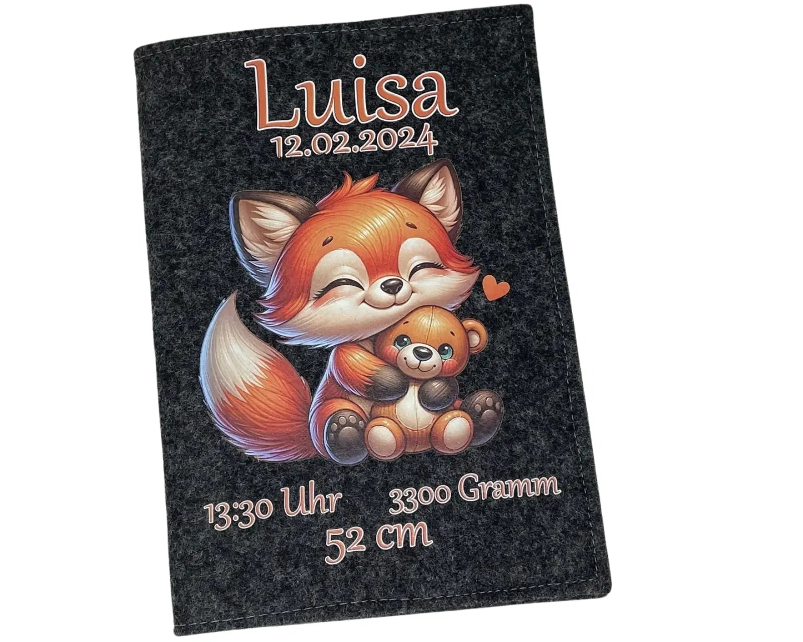 U-Heft-Hülle Fuchs & Teddy aus Filz – personalisiert mit Name & Geburtsdatum Fadensalat-shop