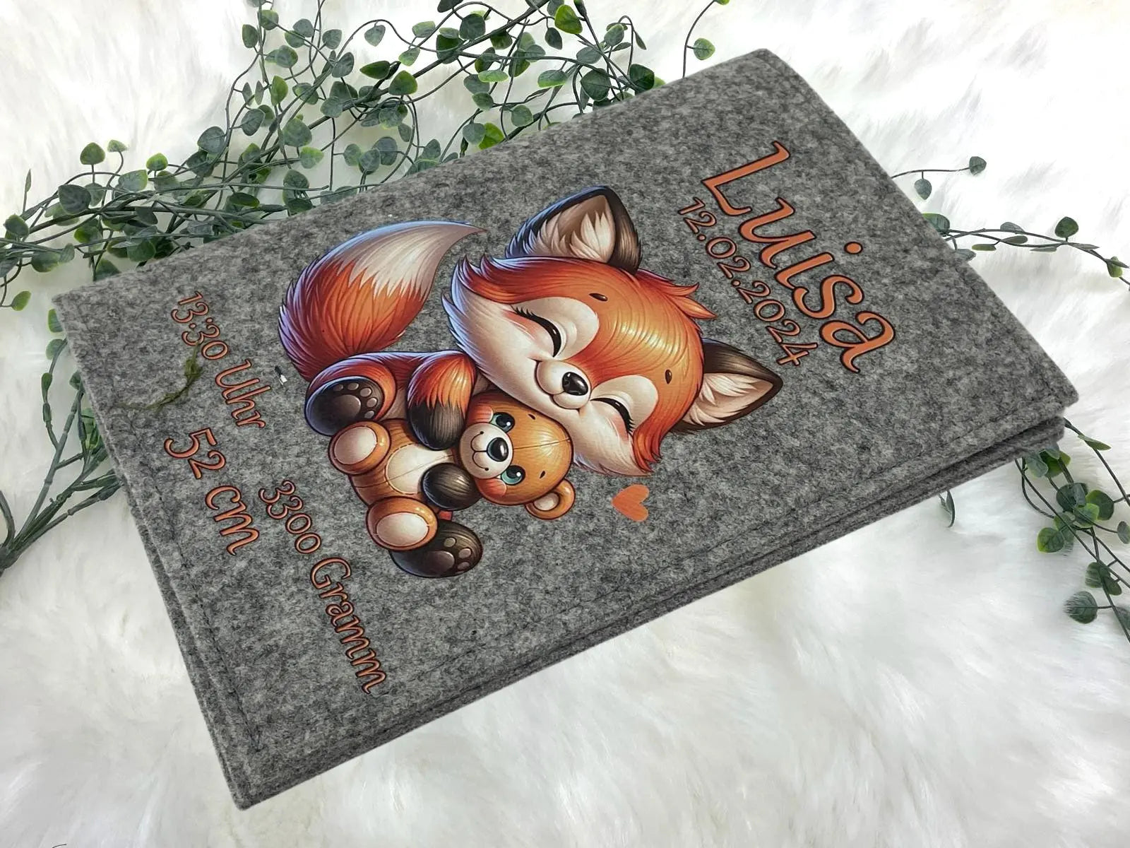 U-Heft-Hülle Fuchs & Teddy aus Filz – personalisiert mit Name & Geburtsdatum Fadensalat-shop