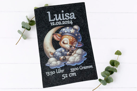 U-Heft-Hülle mit Rehkitz im Nachthimmel-Design – liebevoll gestaltetes Babygeschenk