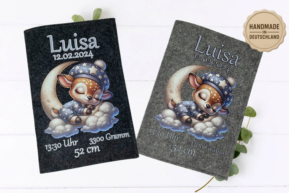 U-Heft-Tasche mit Rehkitz auf Mond und Wolken – sanfte Farben und hochwertiger Filz