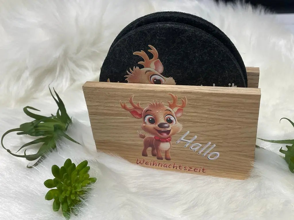 Rentier Glasuntersetzer mit Aufbewahrungsbox aus Holz
