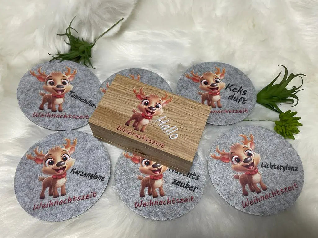 Rentier Untersetzer-Set mit weihnachtlicher Stimmung