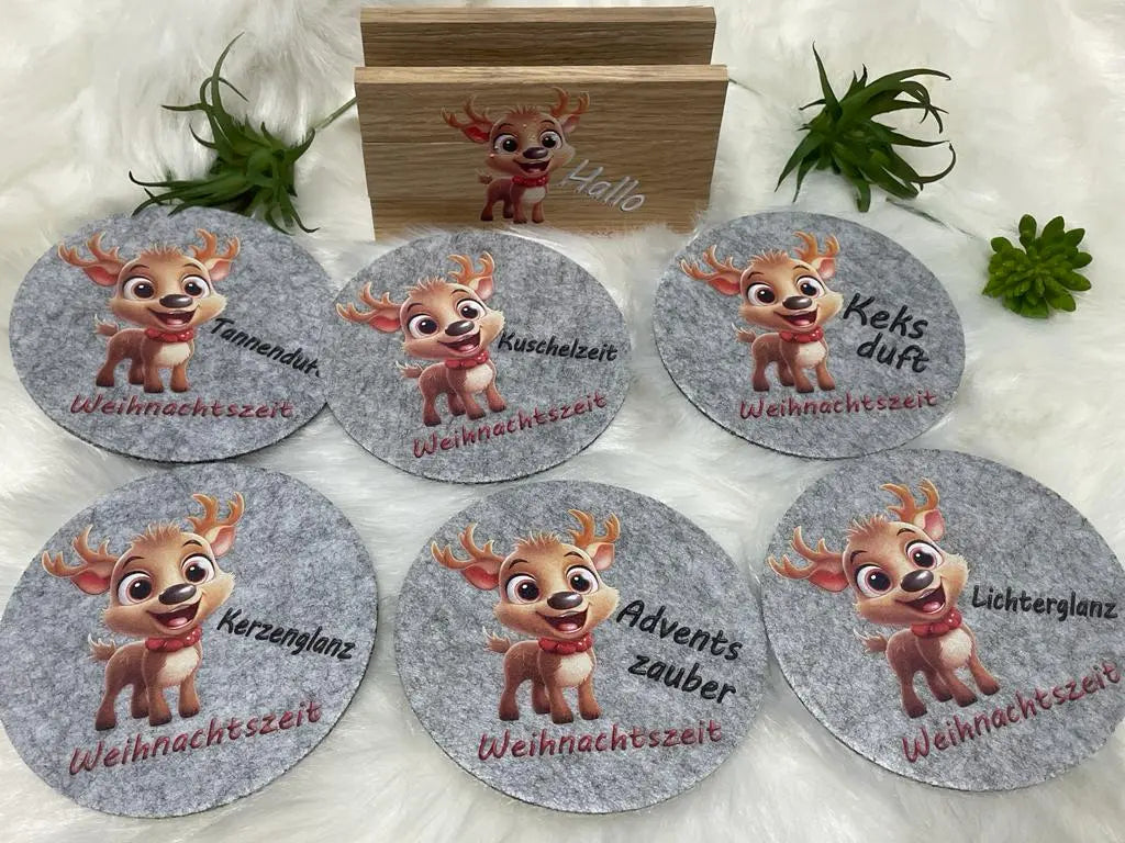 Handgefertigte Holzbox mit Rentier für Filzuntersetzer