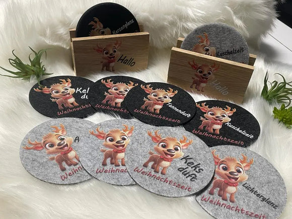 Runde Weihnachtsuntersetzer aus Filz mit Motivdruck