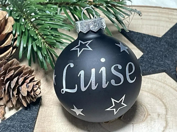 Individuell beschriftete Weihnachtskugel aus schwarzem Glas mit Namen „Luise“