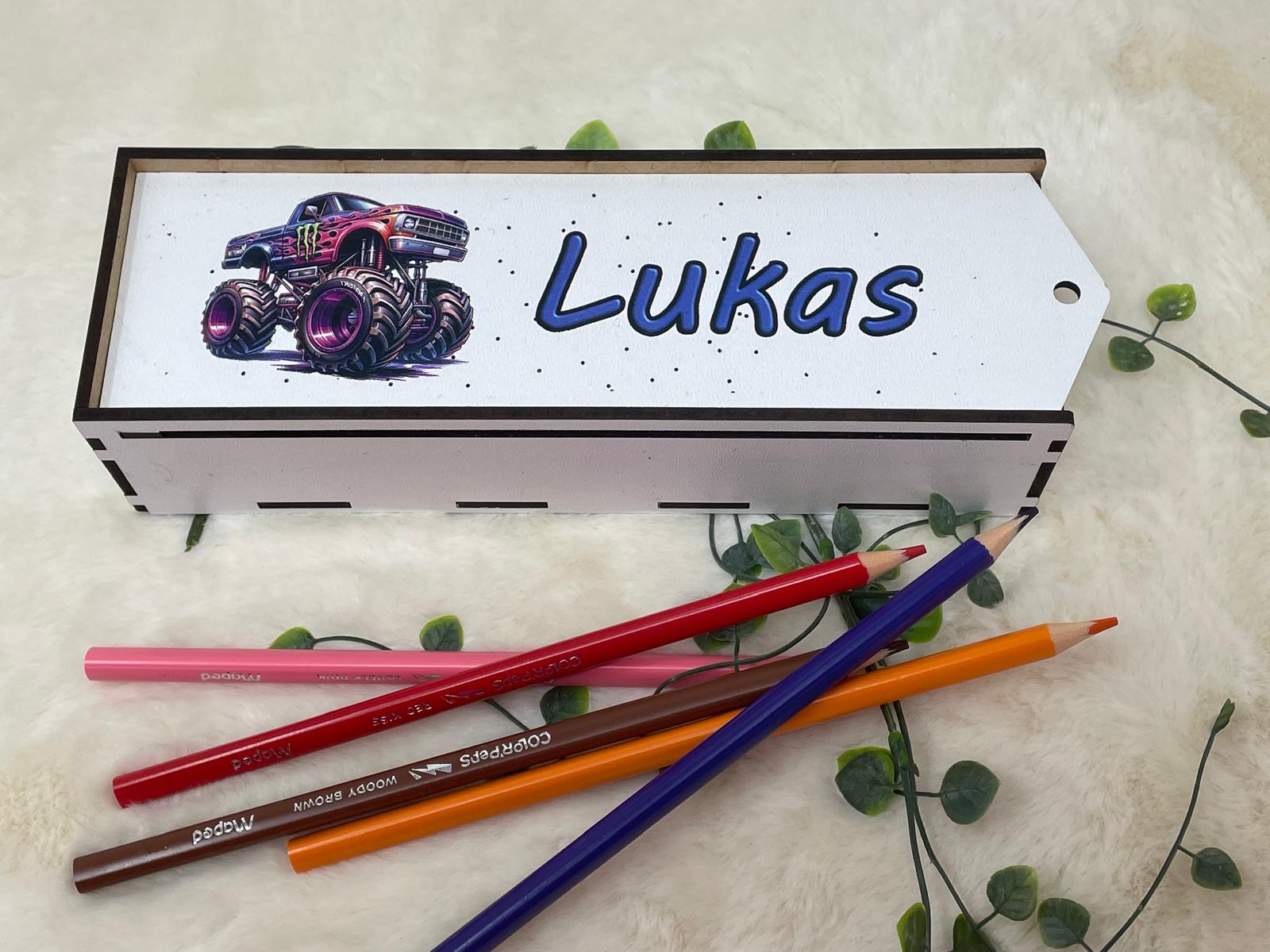 Stiftebox aus Holz Personalisiert | Geschenk Einschulung | Federmäppchen Holzbox stifte etui | Stiftehalter Schulanfang | Mädchen und Junge | Monstertruck