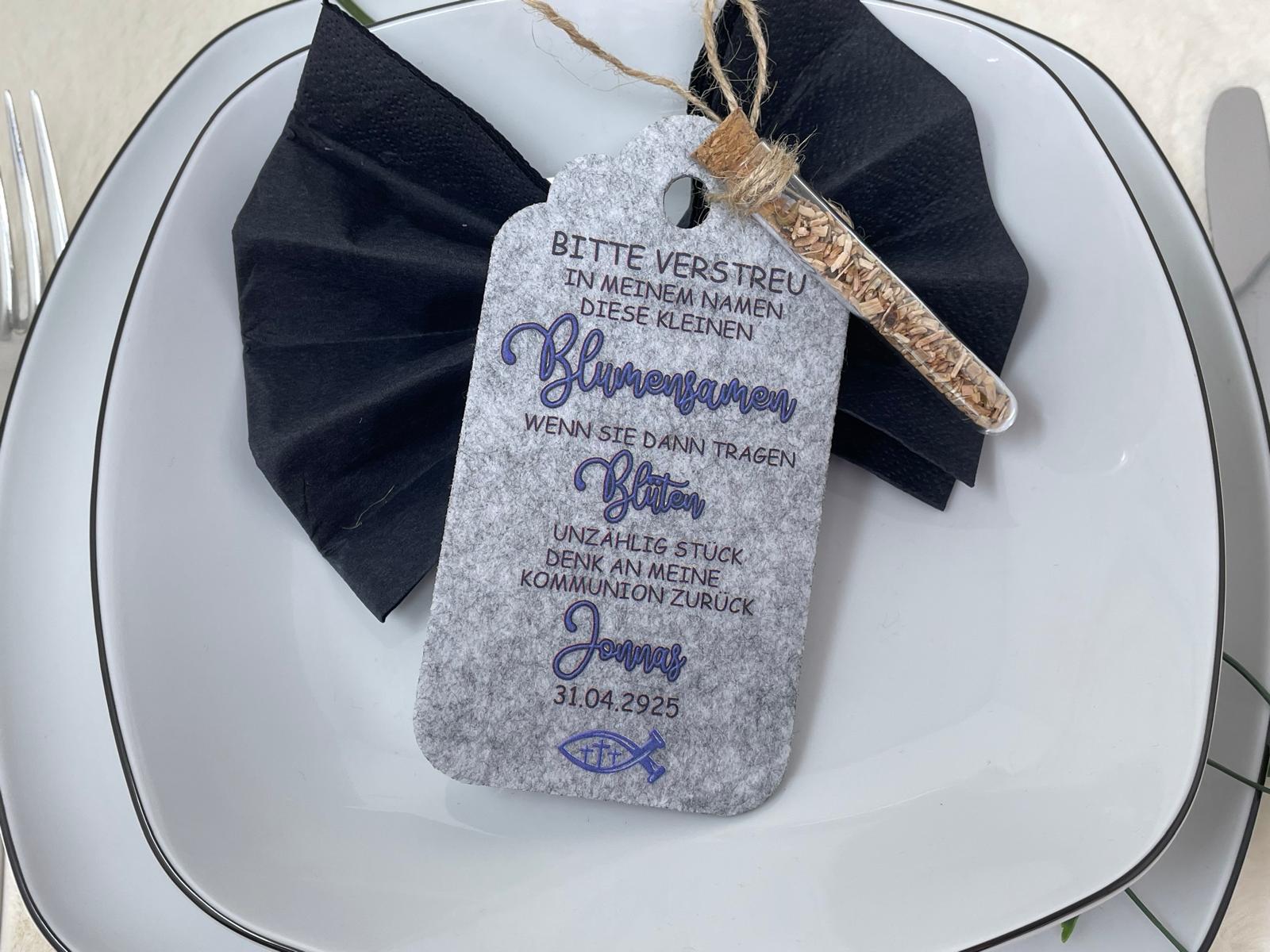 Gastgeschenk Kommunion personalisiert Reagenzglas mit Blumensamen, Gastgeschenk Taufe, Gastgeschenke Konfirmation, Fisch Tisch Deko Firmung