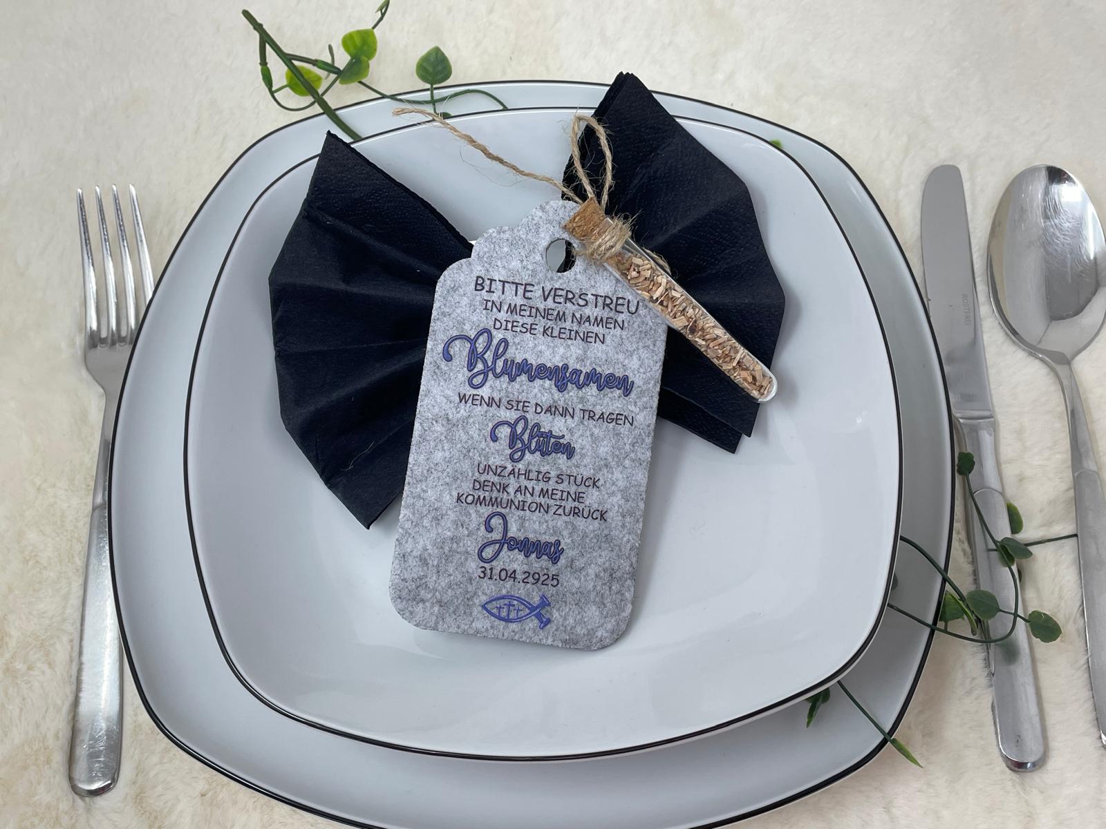 Gastgeschenk Kommunion personalisiert Reagenzglas mit Blumensamen, Gastgeschenk Taufe, Gastgeschenke Konfirmation, Fisch Tisch Deko Firmung