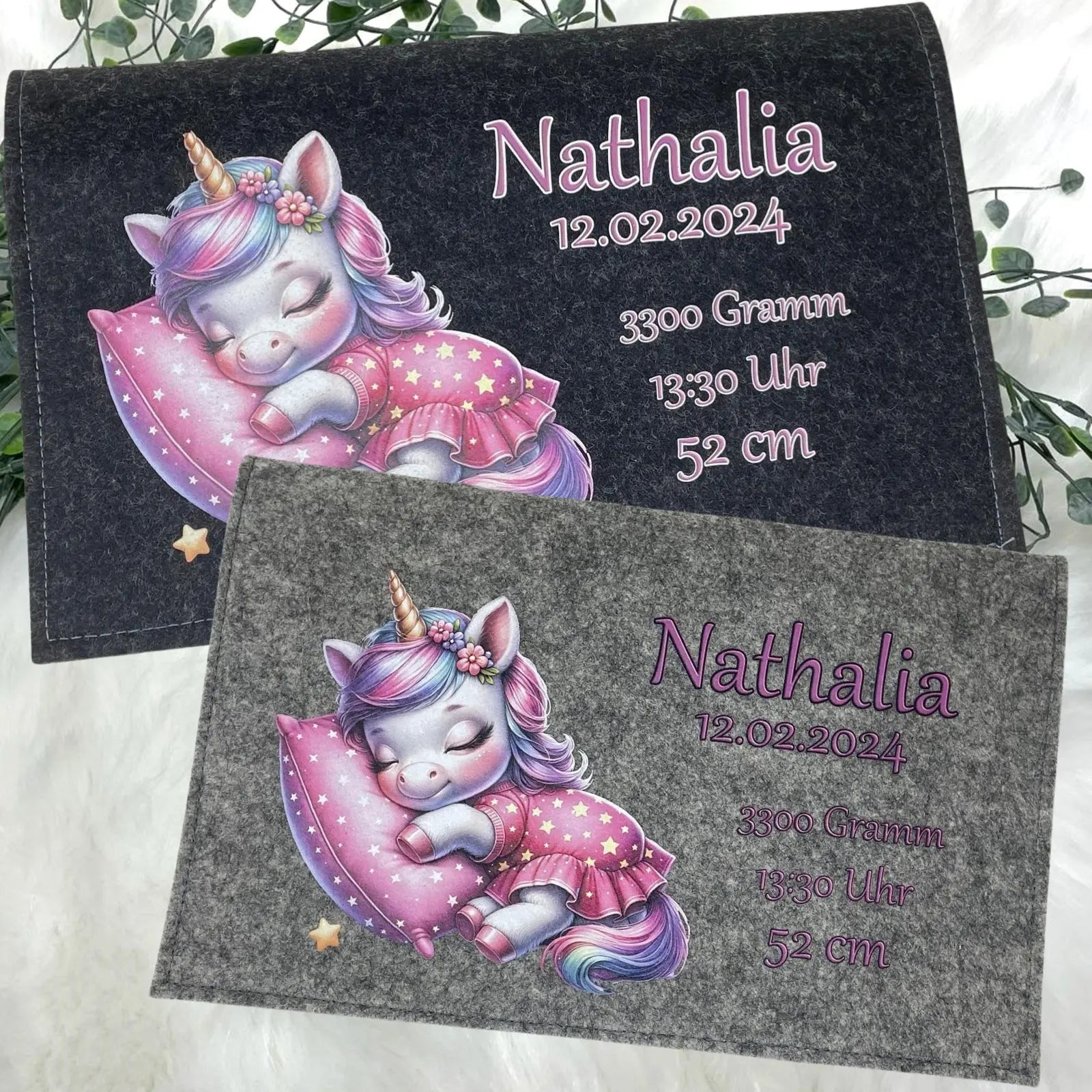 Windeltasche mit Namen Personalisiert aus Filz Praktische Wickeltasche für unterwegs Motiv Einhorn auf Mond Fadensalat-shop