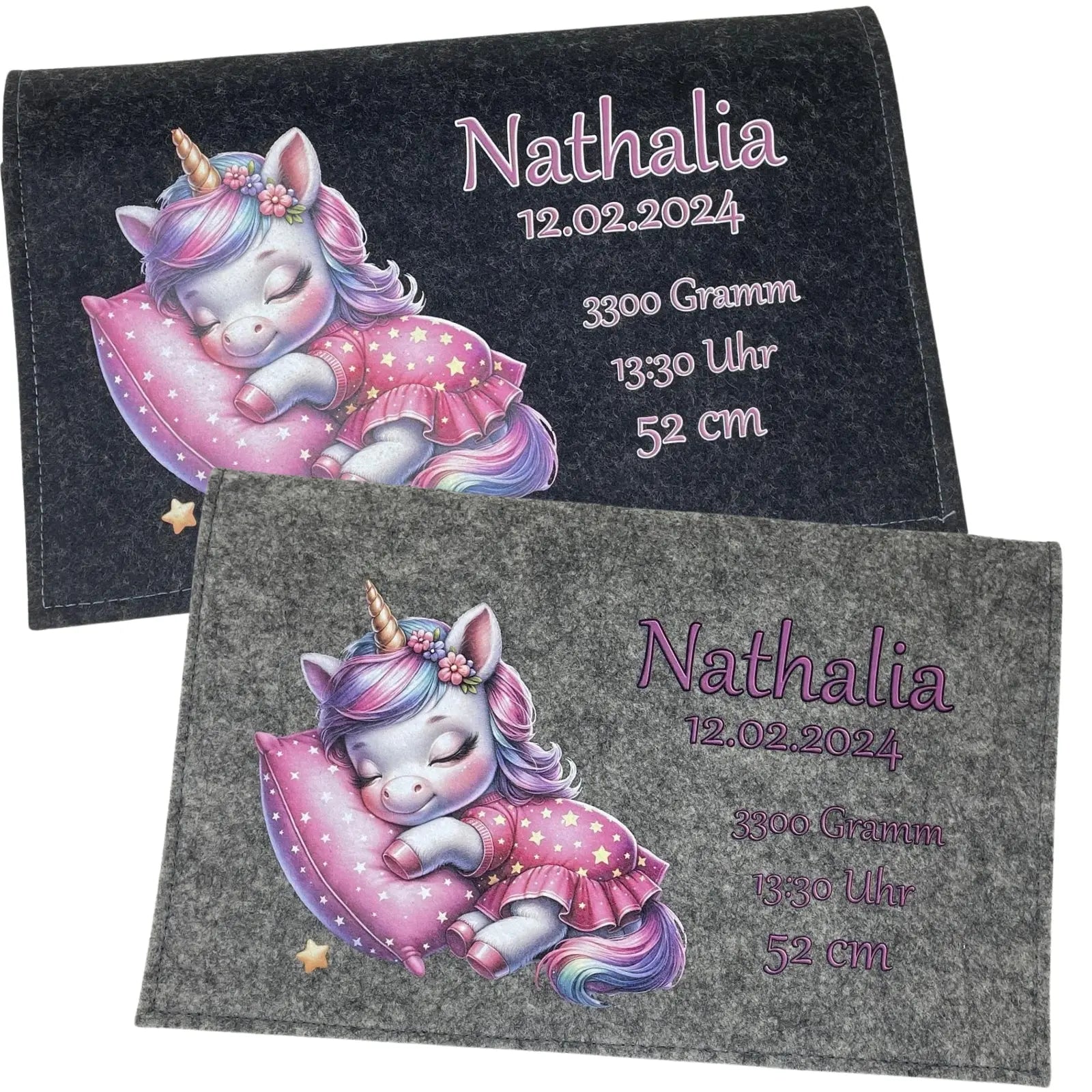 Windeltasche mit Namen Personalisiert aus Filz Praktische Wickeltasche für unterwegs Motiv Einhorn auf Mond Fadensalat-shop